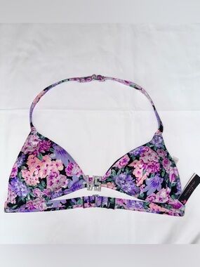 Victoria’s Secret Floral Rhinestone VS Bikini Top Black Purple Pink Large NWT